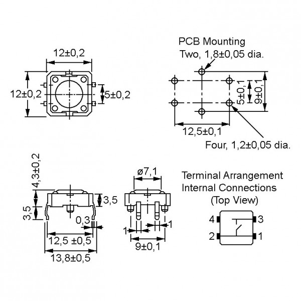 Taster PC 12X12 mm 4.3mm 1.27N  sivi OMRON - TASMINIM8