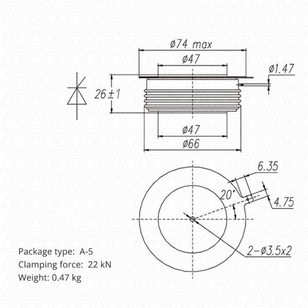 Tiristor1000A 2000V ( tq 25 µs)  KK1000 74mm - TIRKK1000/2000