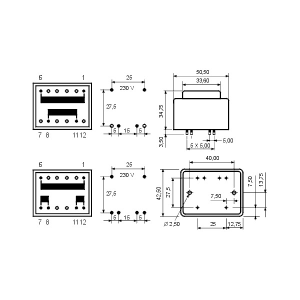 Trafo pr. 10VA 230/2X9V MT709-2 - MTP102X9
