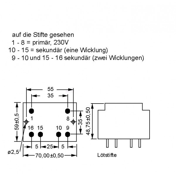 Trafo pr. 30VA  230V/2X9V MYRRA - MTP302X9