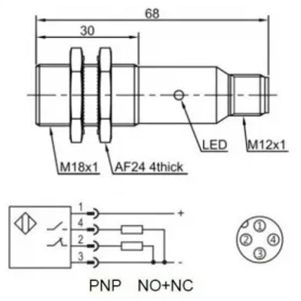  PR18-BC40DPR-E2, Difuzna Φ18 mm, PNP NO + NC, - OFCPR18-BC40