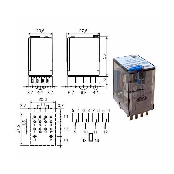 Rele Finder 230VAC 4CO,7A 55.34.8.230.0040 - RELF5534-230AC